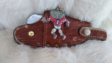 "ALABAMA ROLL TIDE" PRIDE PACKAGE DAMASCUS FOLDER W/QUICK DRAW LEATHER SHEATH, KEY CHAIN