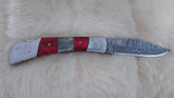"ALABAMA ROLL TIDE" PRIDE PACKAGE DAMASCUS FOLDER W/QUICK DRAW LEATHER SHEATH, KEY CHAIN