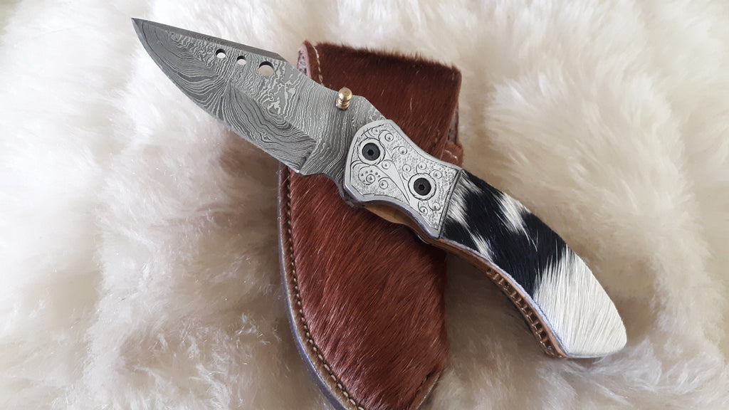 Hide on popular Hair DAMASCUS Pocket Knife W/Sheath