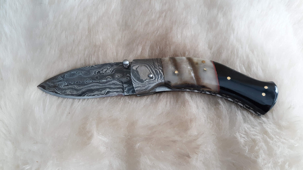 "DURANGO" DAMASCUS RAM HORN POCKET KNIFE Bama Paracord & More