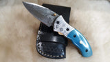"BLUE RIBBON" DAMASCUS/CAMEL POCKET KNIFE W/CROSS DRAW SHEATH