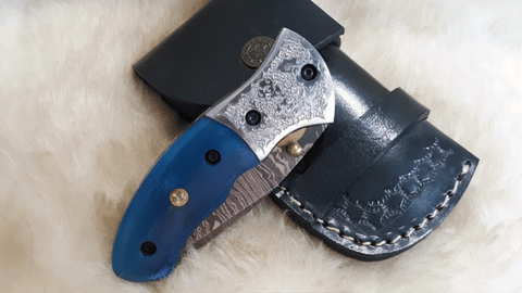 "BLUE RIBBON" DAMASCUS/CAMEL POCKET KNIFE W/CROSS DRAW SHEATH