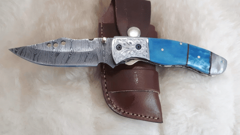 "BLUE BAY" DAMASCUS RAM HORN POCKET KNIFE