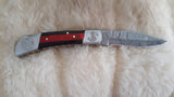 "THIN RED LINE" FIRE FIGHTER DAMASCUS FOLDER W/LEATHER SHEATH