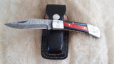 "THIN RED LINE" FIRE FIGHTER DAMASCUS FOLDER W/LEATHER SHEATH
