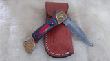"BULLS-EYE" DAMASCUS POCKET KNIFE W/LEATHER SHEATH