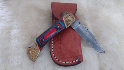 "BULLS-EYE" DAMASCUS POCKET KNIFE W/LEATHER SHEATH