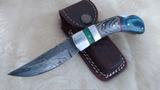 "LONESOME DOVE" DAMASCUS POCKET KNIFE W/LEATHER SHEATH