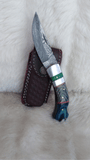 "LONESOME DOVE" DAMASCUS POCKET KNIFE W/LEATHER SHEATH
