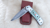 "SEA FOAM" DAMASCUS POCKET KNIFE W/LEATHER SHEATH
