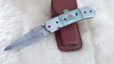 "SEA FOAM" DAMASCUS POCKET KNIFE W/LEATHER SHEATH