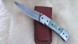 "SEA FOAM" DAMASCUS POCKET KNIFE W/LEATHER SHEATH