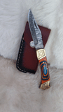 "AUBURN BULLS-EYE TRIBUTE" DAMASCUS POCKET KNIFE W/LEATHER SHEATH
