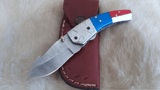 "USA" HAND MADE DAMASCUS POCKET KNIFE W/SHEATH