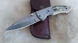 "LONE WOLF" HAND MADE DAMASCUS SCRIMSHAW CAMEL BONE FOLDER