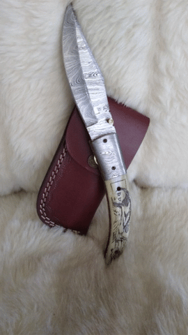 "WHITE OWL" HAND MADE DAMASCUS SCRIMSHAW CAMEL BONE FOLDER