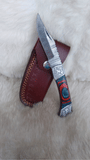 "AUBURN BULLS-EYE TRIBUTE" DAMASCUS POCKET KNIFE W/LEATHER SHEATH