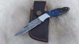 "BLUE SWALLOW" DAMASCUS POCKET KNIFE W/LEATHER SHEATH