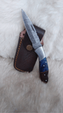 "BLUE SWALLOW" DAMASCUS POCKET KNIFE W/LEATHER SHEATH