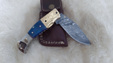 "BLUE BAYOU" DAMASCUS CAMEL/RAM HORN POCKET KNIFE W/SHEATH