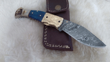 "BLUE BAYOU" DAMASCUS CAMEL/RAM HORN POCKET KNIFE W/SHEATH