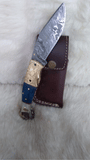 "BLUE BAYOU" DAMASCUS CAMEL/RAM HORN POCKET KNIFE W/SHEATH