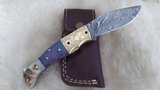 "BLUE NOVA" DAMASCUS CAMEL/RAM HORN POCKET KNIFE W/SHEATH