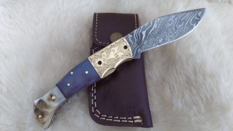 "BLUE NOVA" DAMASCUS CAMEL/RAM HORN POCKET KNIFE W/SHEATH
