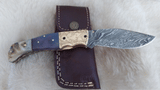 "BLUE NOVA" DAMASCUS CAMEL/RAM HORN POCKET KNIFE W/SHEATH