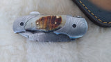 "GOLDEN NUGGET" DAMASCUS/RAM HORN POCKET KNIFE W/LEATHER SHEATH