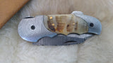 "GOLDEN NUGGET" DAMASCUS/RAM HORN POCKET KNIFE W/LEATHER SHEATH