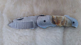 "GOLDEN NUGGET" DAMASCUS/RAM HORN POCKET KNIFE W/LEATHER SHEATH