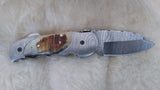 "GOLDEN NUGGET" DAMASCUS/RAM HORN POCKET KNIFE W/LEATHER SHEATH