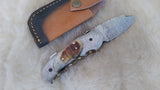 "GOLDEN NUGGET" DAMASCUS/RAM HORN POCKET KNIFE W/LEATHER SHEATH