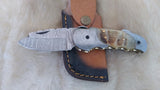 "GOLDEN NUGGET" DAMASCUS/RAM HORN POCKET KNIFE W/LEATHER SHEATH