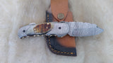 "GOLDEN NUGGET" DAMASCUS/RAM HORN POCKET KNIFE W/LEATHER SHEATH