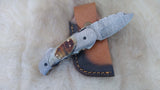 "GOLDEN NUGGET" DAMASCUS/RAM HORN POCKET KNIFE W/LEATHER SHEATH