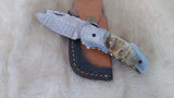 "GOLDEN NUGGET" DAMASCUS/RAM HORN POCKET KNIFE W/LEATHER SHEATH