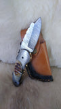 "GOLDEN NUGGET" DAMASCUS/RAM HORN POCKET KNIFE W/LEATHER SHEATH