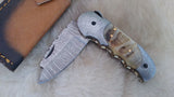 "GOLDEN NUGGET" DAMASCUS/RAM HORN POCKET KNIFE W/LEATHER SHEATH