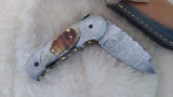 "GOLDEN NUGGET" DAMASCUS/RAM HORN POCKET KNIFE W/LEATHER SHEATH