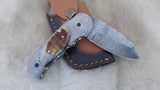 "GOLDEN NUGGET" DAMASCUS/RAM HORN POCKET KNIFE W/LEATHER SHEATH