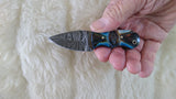 CUSTOM DAMASCUS "TURQUOISE FEATHER" MINI BURN BONE SKINNER KNIFE