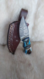 CUSTOM DAMASCUS "TURQUOISE FEATHER" MINI BURN BONE SKINNER KNIFE