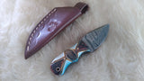 CUSTOM DAMASCUS "TURQUOISE FEATHER" MINI BURN BONE SKINNER KNIFE