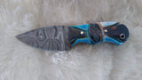 CUSTOM DAMASCUS "TURQUOISE FEATHER" MINI BURN BONE SKINNER KNIFE