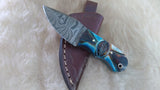 CUSTOM DAMASCUS "TURQUOISE FEATHER" MINI BURN BONE SKINNER KNIFE