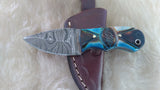 CUSTOM DAMASCUS "TURQUOISE FEATHER" MINI BURN BONE SKINNER KNIFE