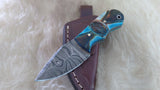 CUSTOM DAMASCUS "TURQUOISE FEATHER" MINI BURN BONE SKINNER KNIFE