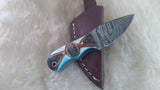 CUSTOM DAMASCUS "TURQUOISE FEATHER" MINI BURN BONE SKINNER KNIFE